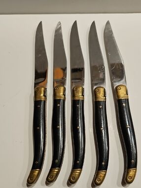 LAGUIOLE JEAN DUBOST FRANCE STEAK KNIVES  BLACK HANDLE WITH BRASS ENDS SET OF 5
